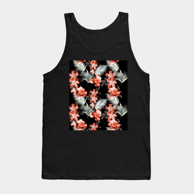 Palm Leaves And Flowers, Red Black Tank Top by Random Galaxy